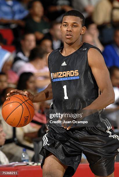 Nick Young of the Washington Wizards brings the ball up court against the Detroit Pistons during Game 26 of the NBA Summer League on July 11, 2007 at...