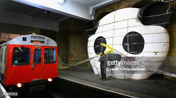 Artist Brian Griffiths poses next to his new installation entitled 'Life Is A Laugh' at Gloucester Road tube station on July 12, 2007 in London,...