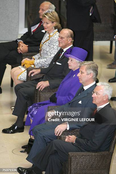 From 2nd L to 2nd R: Belgium's Princess Mathilde, the Duke of Edinburgh, Prince Philip, British Queen Elizabeth II and Prince Philippe of Belgium are...