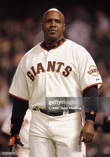 Giants slugger Barry Bonds is frustrated after grounding out during the Oakland A's 10-inning, 5-3 defeat of the San Francisco Giants June 8, 2007 at...