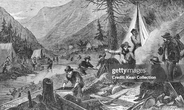 Miners washing gold in a river valley during the California Gold Rush, 1849.