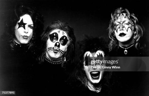 Paul Stanley, Peter Criss, Gene Simmons and Paul Stanley of the rock and roll band Kiss pose for a portrait for the cover of their self-entitled...