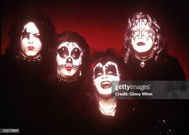 Paul Stanley, Peter Criss, Gene Simmons and Paul Stanley of the rock and roll band Kiss pose for a portrait for the cover of their self-entitled...