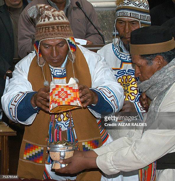 Amautas carry out a ritual ceremony, 12 July 2007, with the "Chucu", this is the cap President Evo Morales wore on January 21st when he was...