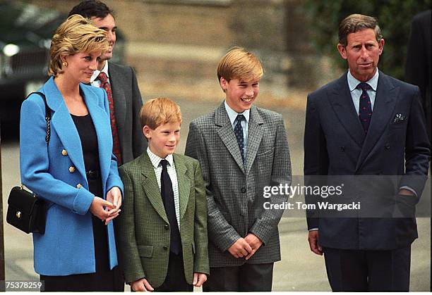 Eton, England September 6, 1995. Princess Diana, Prince Harry, Prince William, Prince Charles at Prince William's first day at Eton.