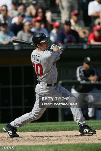 Lew Ford of the Minnesota Twins hits during the MLB game against the Chicago White Sox on July 6, 2007 at U.S. Cellular Field in Chicago, Illinois....