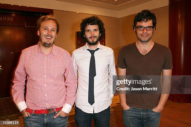 Executive Producer James Bobin, Bret McKenzie and Jermaine Clement speak during the 2007 HBO Summer TCA Press Panel on "Flight of the Conchords" at...