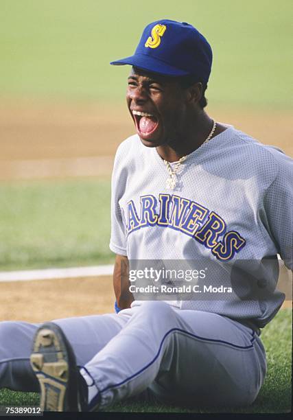 Ken Griffey Jr. #24 of the Seattle Mariners during batting practice prior to a game against the Baltimore Orioles on April 27, 1990 in Baltimore,...