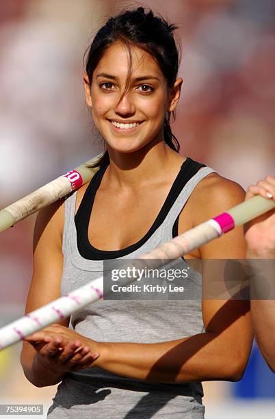 Allison Stokke of Newport Harbor High warms up before the girls' pole vault qualifying in the CIF State Track & Field Championships at Hughes Stadium...