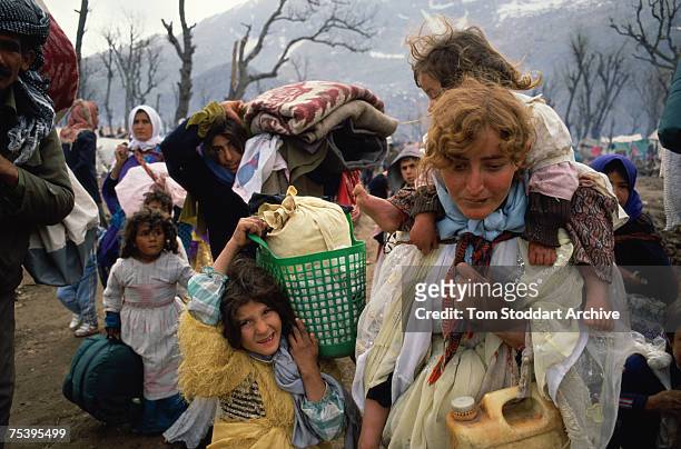 Kurdish refugees at a camp in the mountains near Isikveren, in south-eastern Turkey, April 1991. The camp straddles the Turkish-Iraqi border and is a...
