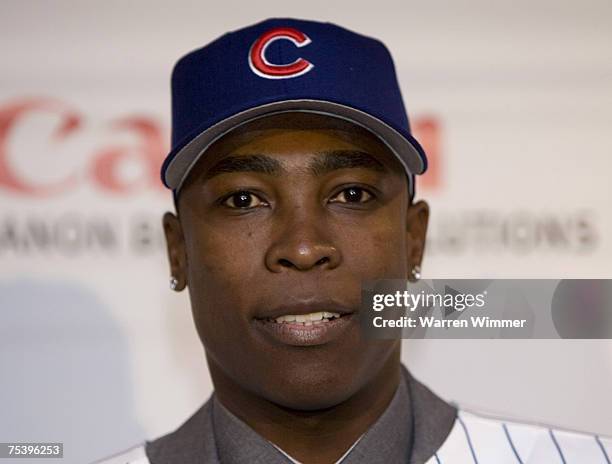 Alfonso Soriano takes Q and A from the Chicago media at the Stadium Club, Wrigley Field in Chicago, Illinois on November 30, 2006.