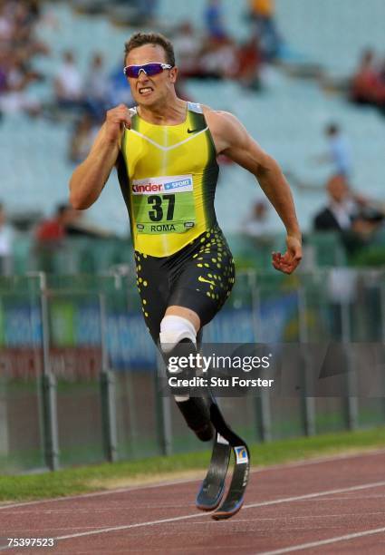 South African runner Oscar Pistorius on his way to winning the Mens 400m 'B' race during the IAAF Golden Gala at The Olympic Stadium on July 13, 2007...