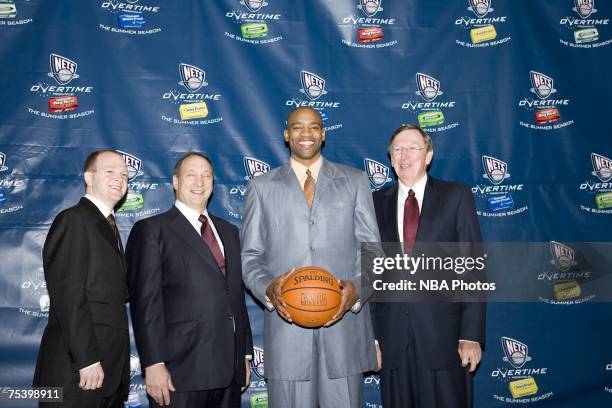 New Jersey Nets Coach Lawrence Frank, Nets Owner Bruce Ratner, Vince Carter, Team President Rod Thorn attend a press confernce announcing Carter's...