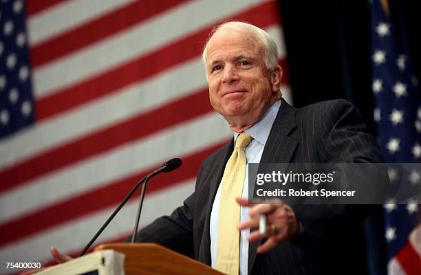 Sen. And presidential candidate John McCain gestures while delivering a major policy address, July 13, 2007 in Concord, New Hampshire. The speech was...