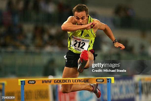 Louis Van Zyl of South Africa on his way to winning the men's 400m hurdles during the IAAF Golden Gala meeting at the Olympic Stadium on July 13,2007...