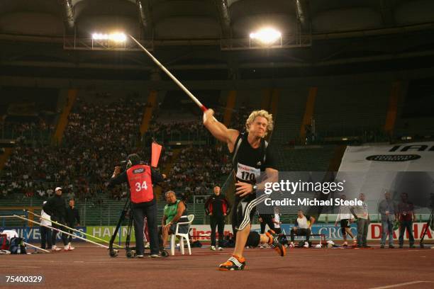 Breaux Greer of USA in the men's javelin during the IAAF Golden Gala meeting at the Olympic Stadium on July 13, 2007 in Rome, Italy.