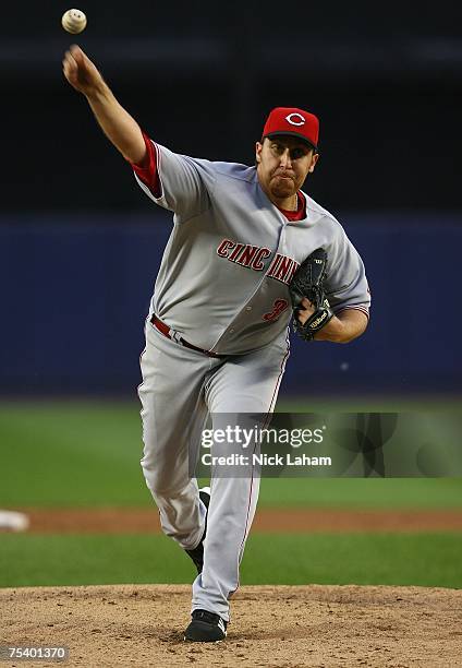 Aaron Harang of the Cincinnati Reds pitches against the New York Mets during their game at Shea Stadium July 13, 2007 in the Flushing neighborhood of...