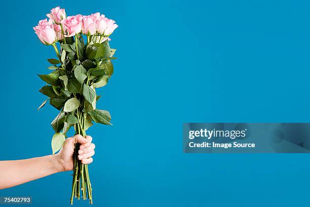 person hält einen strauß rosen - strauß blumen stock-fotos und bilder