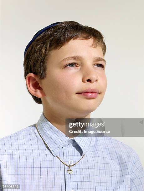 jewish boy wearing a kippah - skull cap stock pictures, royalty-free photos & images