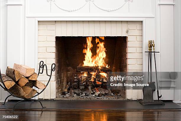 lareira com o fogo queima - fireplace imagens e fotografias de stock