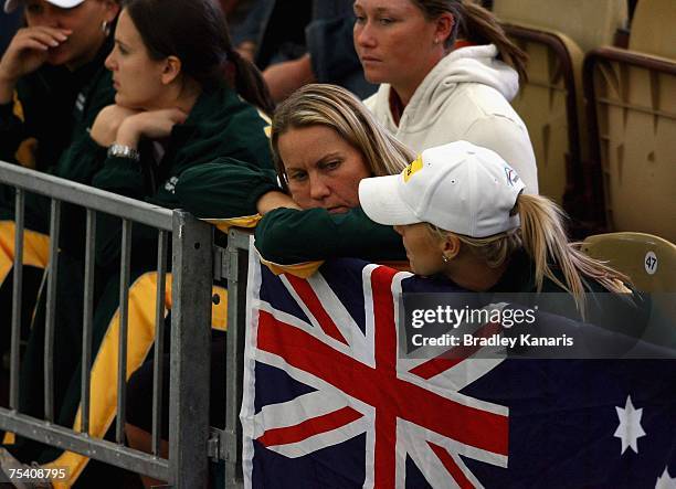 Rennae Stubbs of Australia looks concerned as team mate Alicia Molik is behind in her match against Alona Bondarenko of Ukraine during the Fed Cup...