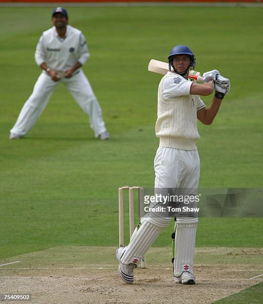 Chris Tremlett of England hits out during day 2 of the tour match between England Lions and India at the County Ground on July 14, 2007 in...
