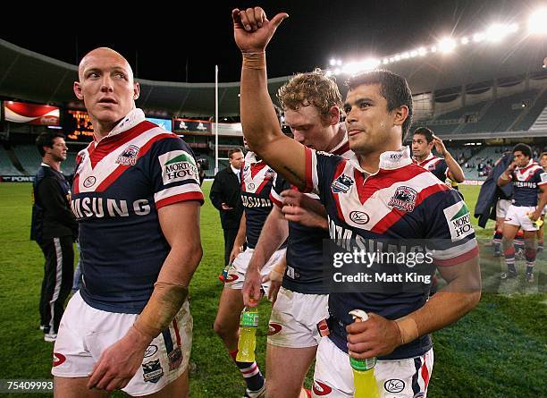 Craig Fitzgibbon and Craig Wing of the Roosters celebrate their win after the round 18 NRL match between the Sydney Roosters and the...