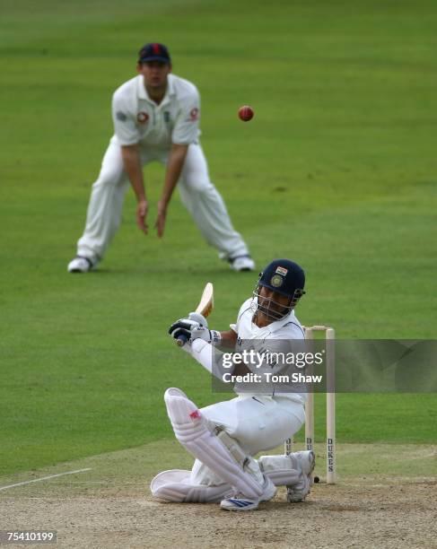 Sachin Tendulkar of India avoids a bouncer during day 2 of the tour match between England Lions and India at the County Ground on July 14, 2007 in...