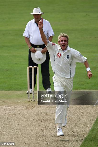 Stuart Broad of England celebrates taking a wicket during day 2 of the tour match between England Lions and India at the County Ground on July 14,...