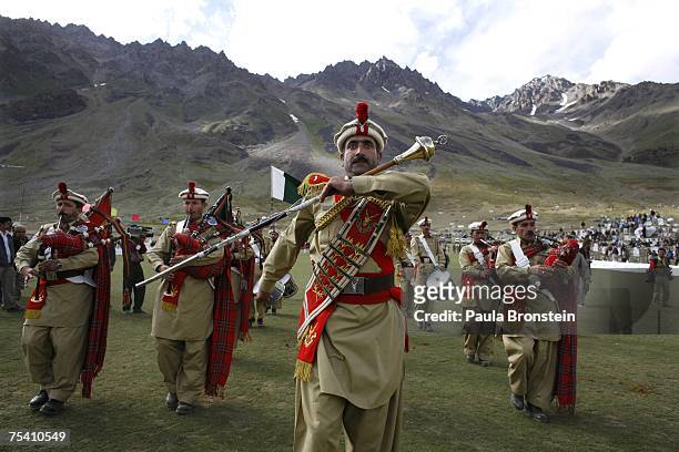 Local marching band plays between matches during the annual Shandur Polo Festival, July 8, 2007 on Shandur pass in Pakistan. The three day festival...
