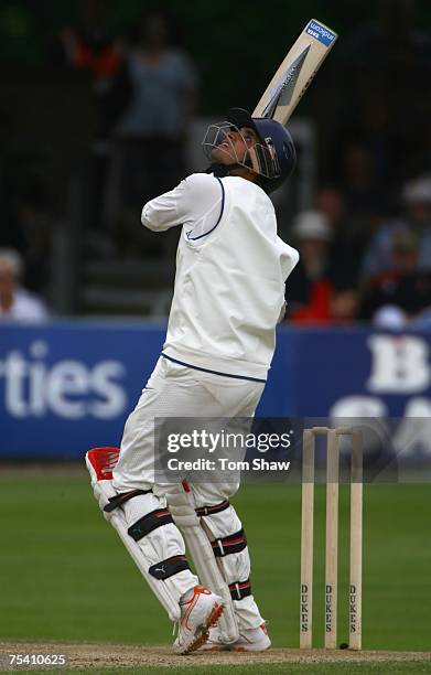Sourav Ganguly of India hits out during day 2 of the tour match between England Lions and India at the County Ground on July 14, 2007 in Chelmsford,...