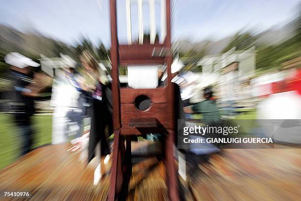Guillotine is displayed after the staged Guillotining of a Social Evil , 14 July 2007,during the celebrations for Bastille day in Franschoek, South...