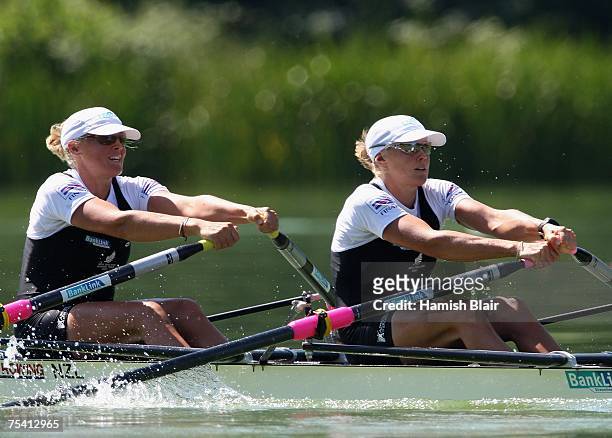 Georgina Evers-Swindell and Caroline Evers-Swindell of New Zealand in action in the Women's Double Sculls Semifinal A/B 2 during day 2 of the FISA...