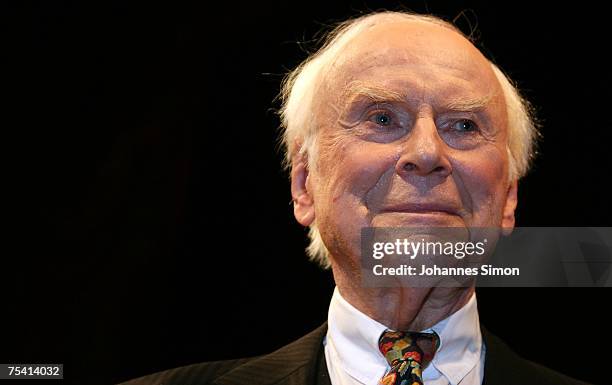 Vicco von Buelow, known as "Loriot" takes his leave on the stage of Gaertnerplatz theatre after performing for the last time in Leonard Bernstein's...