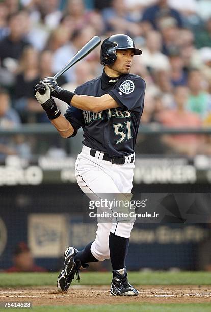 Ichiro Suzuki of the Seattle Mariners swings at the pitch during the game against the Detroit Tigers on July 13, 2007 at Safeco Field in Seattle,...