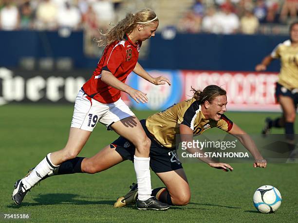 East Hartford, UNITED STATES: Abby Wambach of the USA falls after colliding with Marit Christensen of Norway during a friendly match 14 July 2007 in...