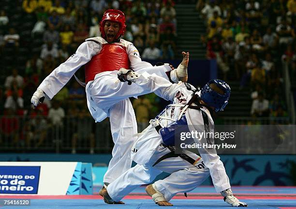 Gabriel Mercedes of the Dominican Republic knocks down Marcio Ferreira of Brazil during the Taekwando men's 58kg final of the 2007 XV Pan American...