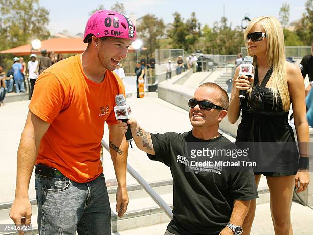 Action sports athlete Mitch Janusz with Jason 'Wee Man' Acuna and Kara Monaco attends the SCARRED: LIVE takes over MTV at the Chula Vista Skate Park...