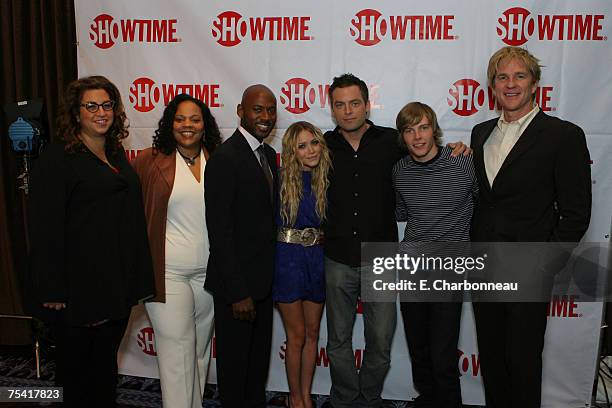 Jenji Kohan, Tonye Patano, Romany Malco, Mary-Kate Olsen, Justin Kirk, Hunter Parrish and Matthew Modine pose in the green room at Showtime's TCA at...