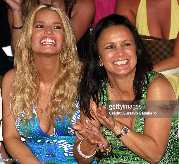 Designer Jessica Simpson and Tina Simpson sit front row at the Jessica Simpson swimwear fashion show during "Mercedes Benz Fashion Week: Miami Swim"...