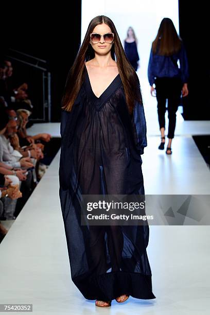 Model walks the runway at the Karstadt New Generation Award fashion show during the Mercedes-Benz Fashion Week Berlin Spring/Summer 2008 on July 15,...