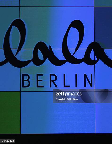 Signage of designer label Lala Berlin is displayed during the Karstadt New Generation Award fashion show during the Mercedes-Benz Fashion Week Berlin...