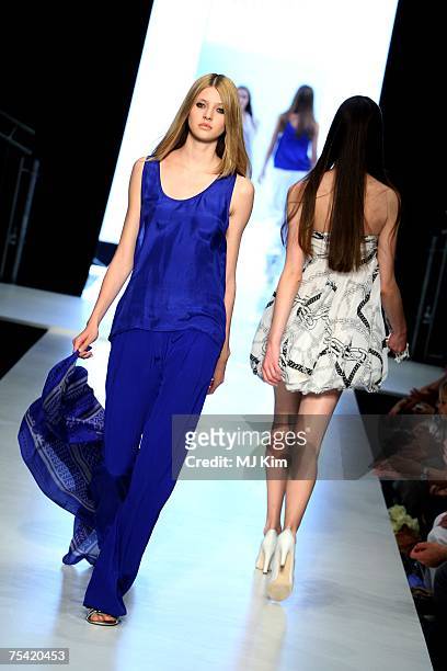 Models walk the runway displaying outfits by Lala Berlin at the Karstadt New Generation Award fashion show during the Mercedes-Benz Fashion Week...