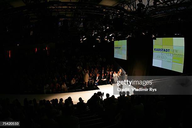 Berlin mayor Klaus Wowereit speaks at the Karstadt New Generation Award ceremony during the Mercedes-Benz Fashion Week Berlin Spring/Summer 2008 held...