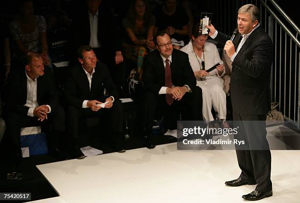 Berlin mayor Klaus Wowereit speaks at the Karstadt New Generation Award ceremony during the Mercedes-Benz Fashion Week Berlin Spring/Summer 2008 held...