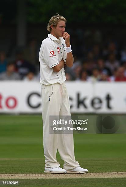 Stuart Broad of England looks on during day 3 of the tour match between England Lions and India at the County Ground on July 15, 2007 in Chelmsford,...