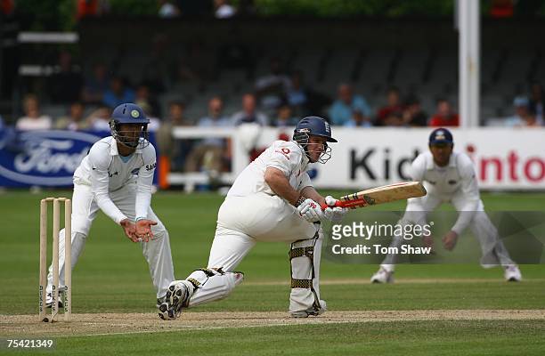 Andrew Strauss of England hits out during day 3 of the tour match between England Lions and India at the County Ground on July 15, 2007 in...