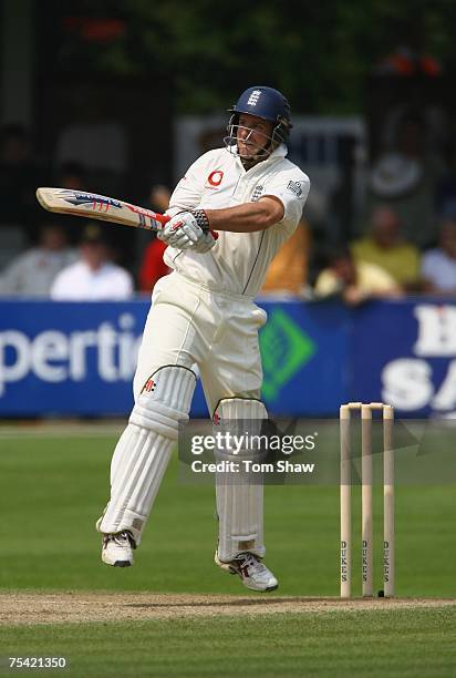 Andrew Strauss of England hits out during day 3 of the tour match between England Lions and India at the County Ground on July 15, 2007 in...