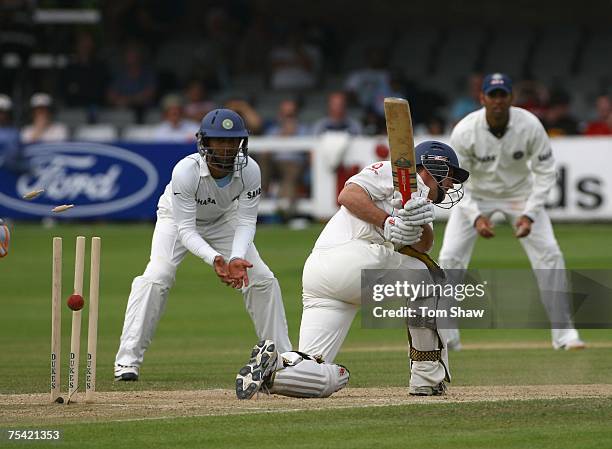 Andrew Strauss of England is bowled out during day 3 of the tour match between England Lions and India at the County Ground on July 15, 2007 in...