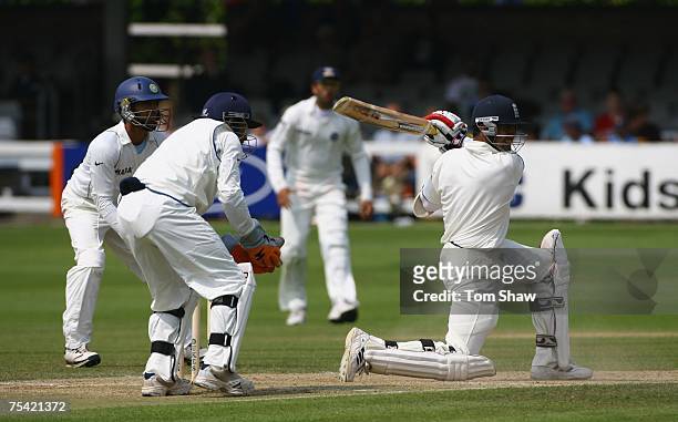 Owais Shah of England hits out during day 3 of the tour match between England Lions and India at the County Ground on July 15, 2007 in Chelmsford,...